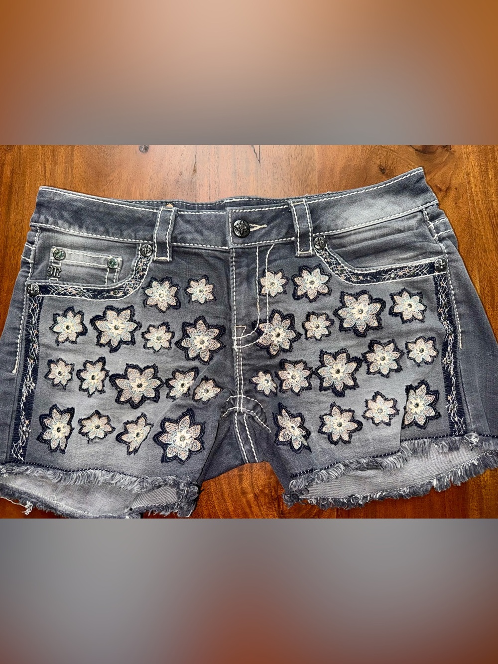 Miss Me Gray Denim Shorts with Floral Sequin Appliqués